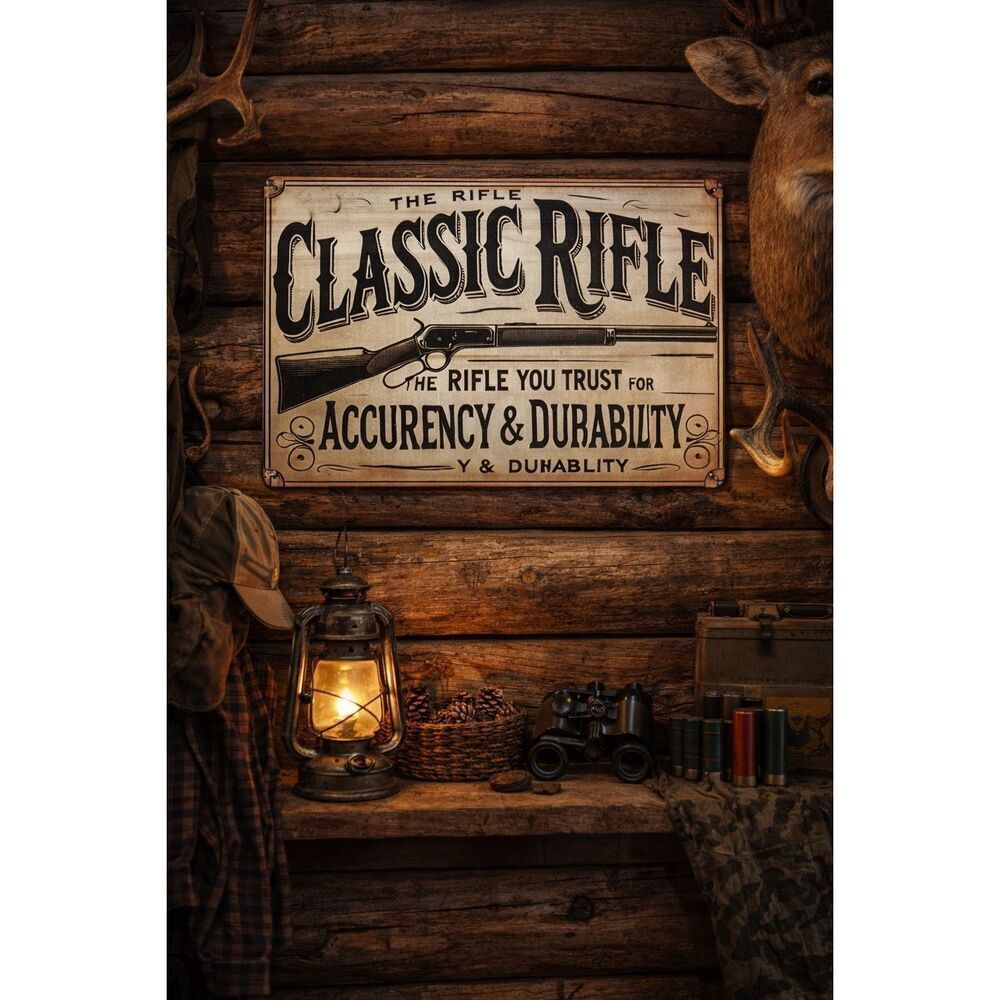 8x12 “Classic Rifle” Metal Sign – Vintage Hunting Cabin Decor Replica